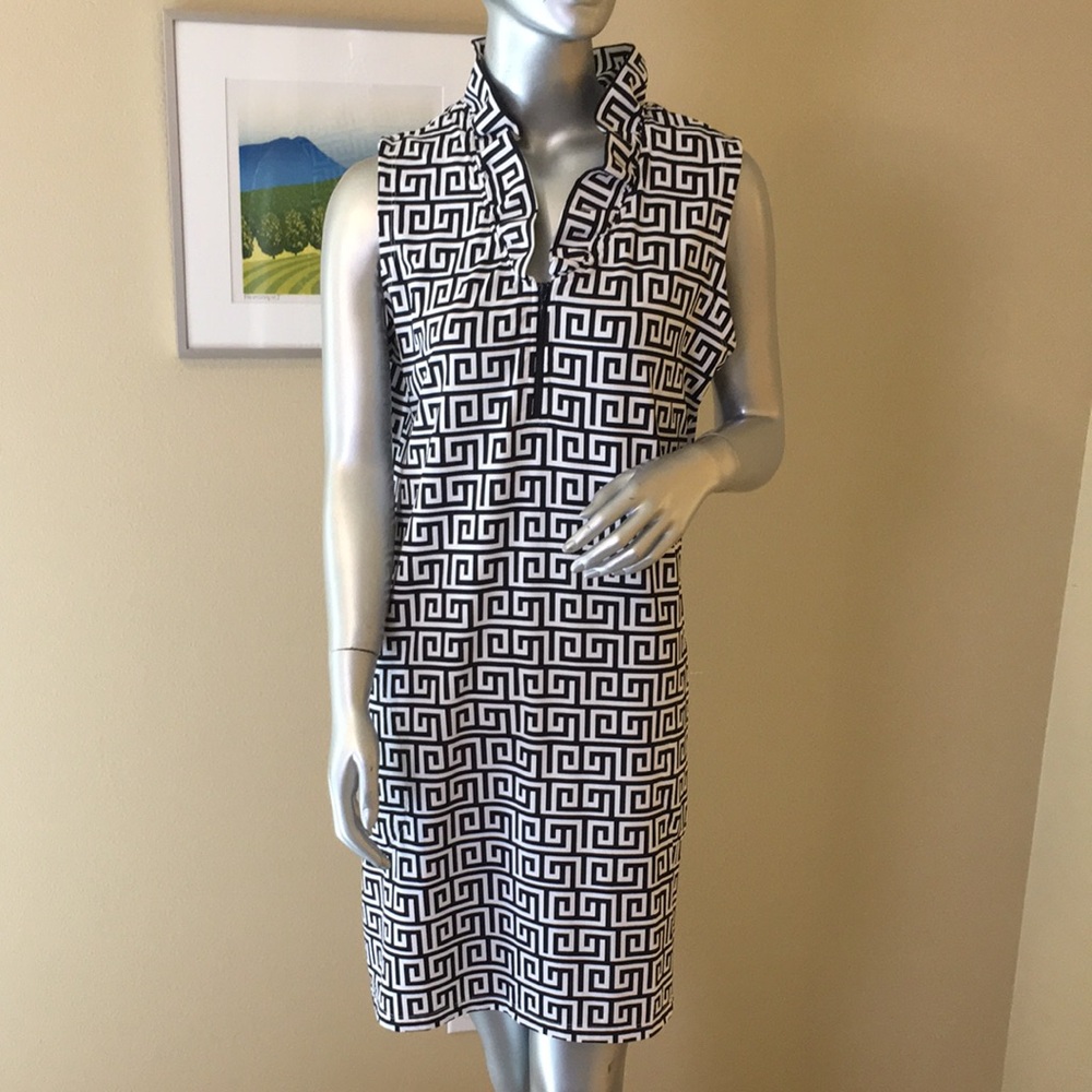 G LIFESTYLE | Santorini Print Ruffle Portrait Collar Sleeveless Dress